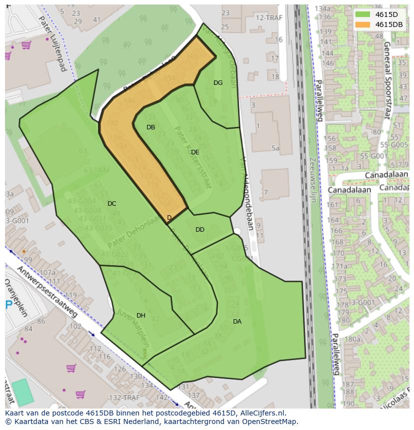 Afbeelding van het postcodegebied 4615 DB op de kaart.