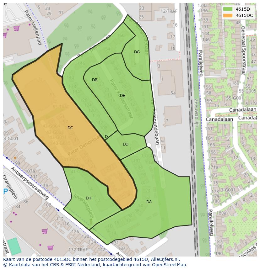 Afbeelding van het postcodegebied 4615 DC op de kaart.