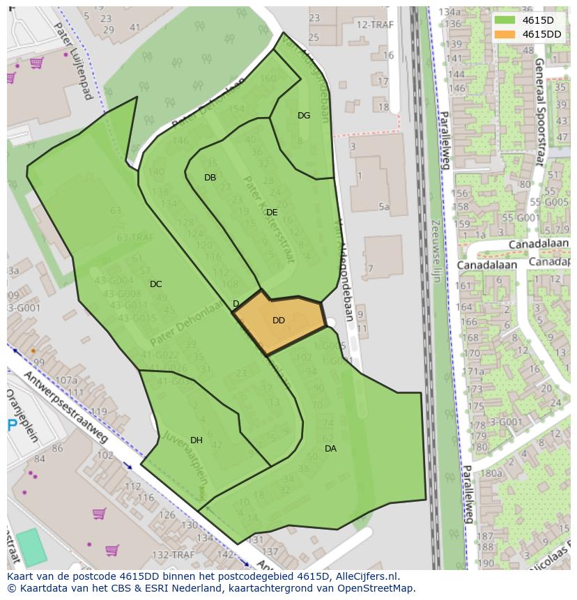 Afbeelding van het postcodegebied 4615 DD op de kaart.