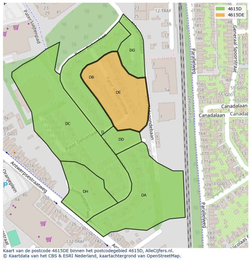 Afbeelding van het postcodegebied 4615 DE op de kaart.
