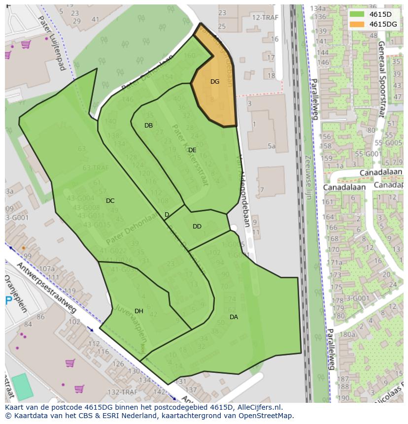 Afbeelding van het postcodegebied 4615 DG op de kaart.