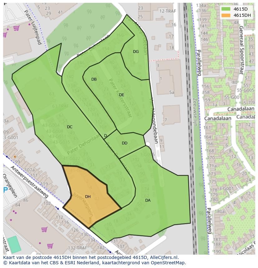 Afbeelding van het postcodegebied 4615 DH op de kaart.