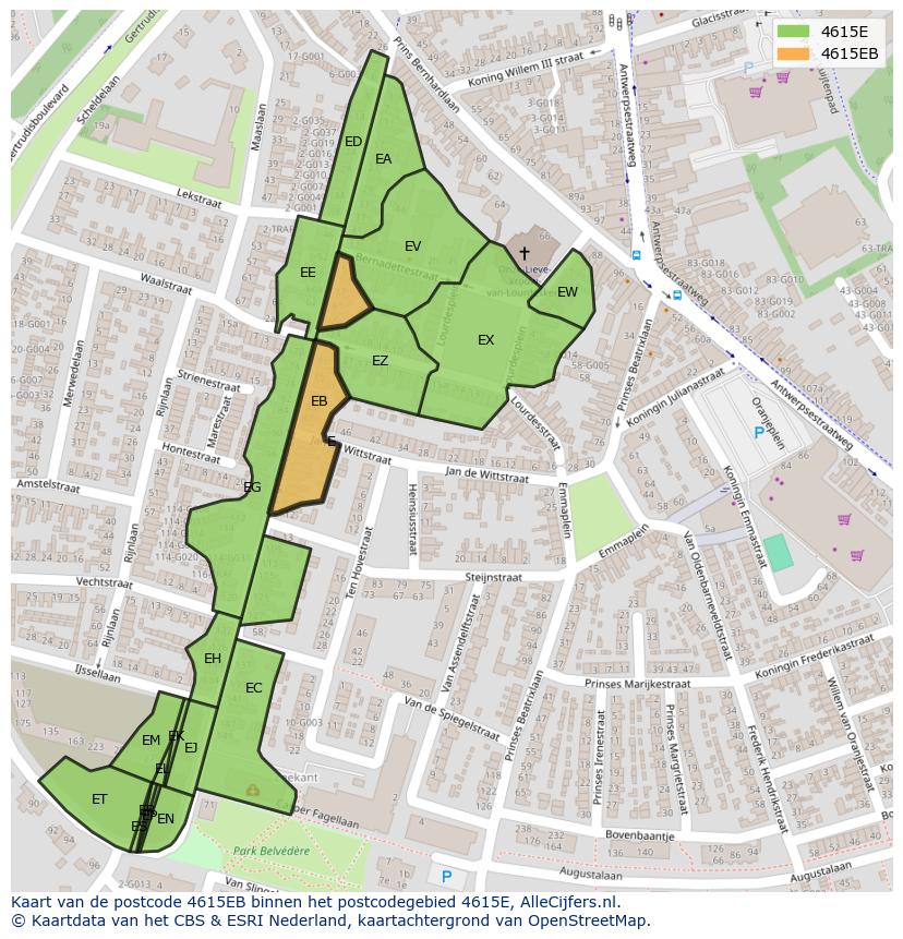 Afbeelding van het postcodegebied 4615 EB op de kaart.