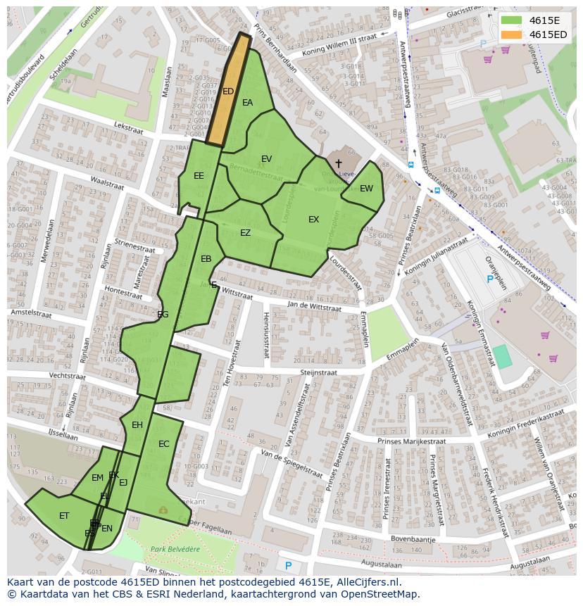 Afbeelding van het postcodegebied 4615 ED op de kaart.