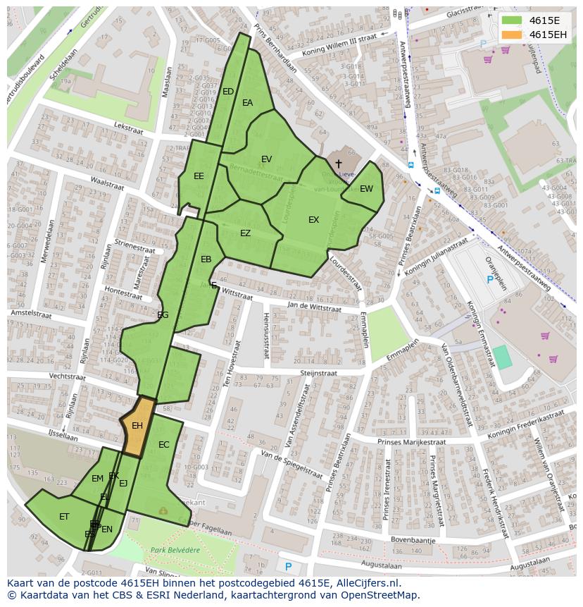 Afbeelding van het postcodegebied 4615 EH op de kaart.
