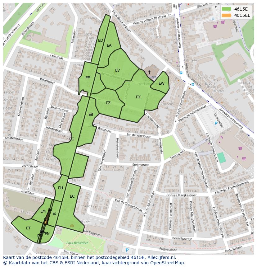 Afbeelding van het postcodegebied 4615 EL op de kaart.