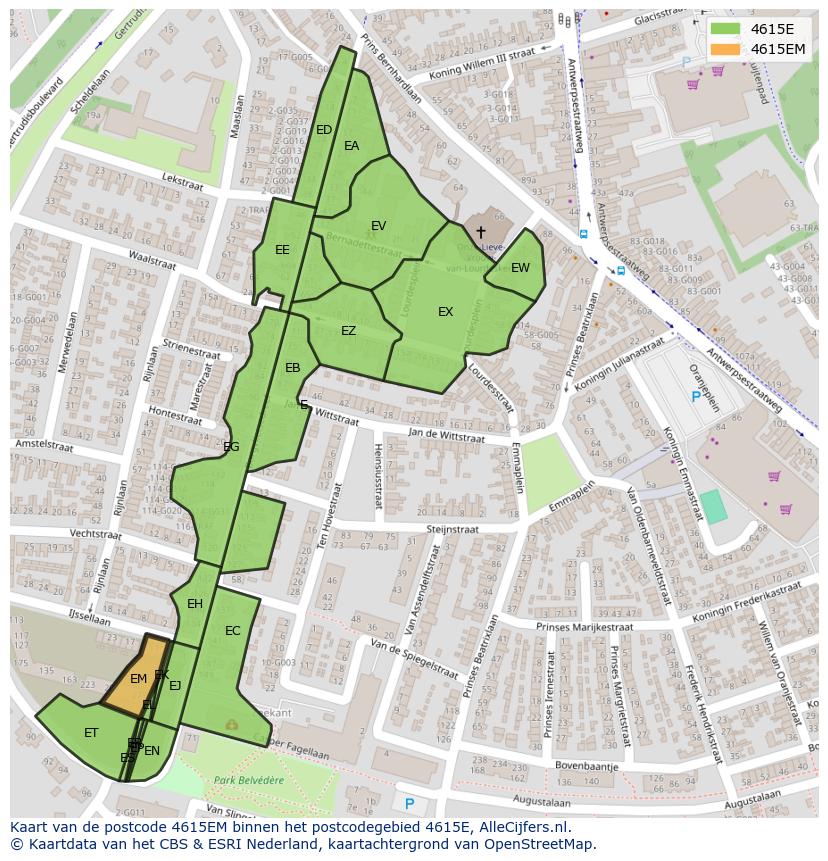 Afbeelding van het postcodegebied 4615 EM op de kaart.
