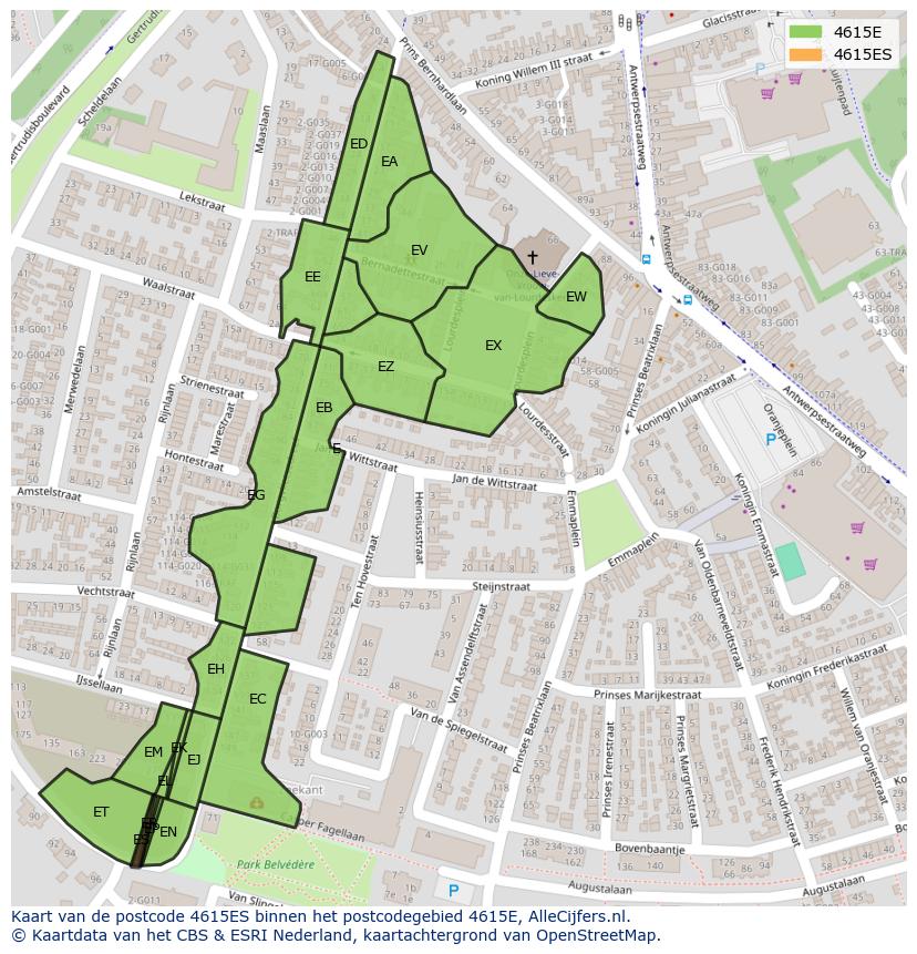 Afbeelding van het postcodegebied 4615 ES op de kaart.