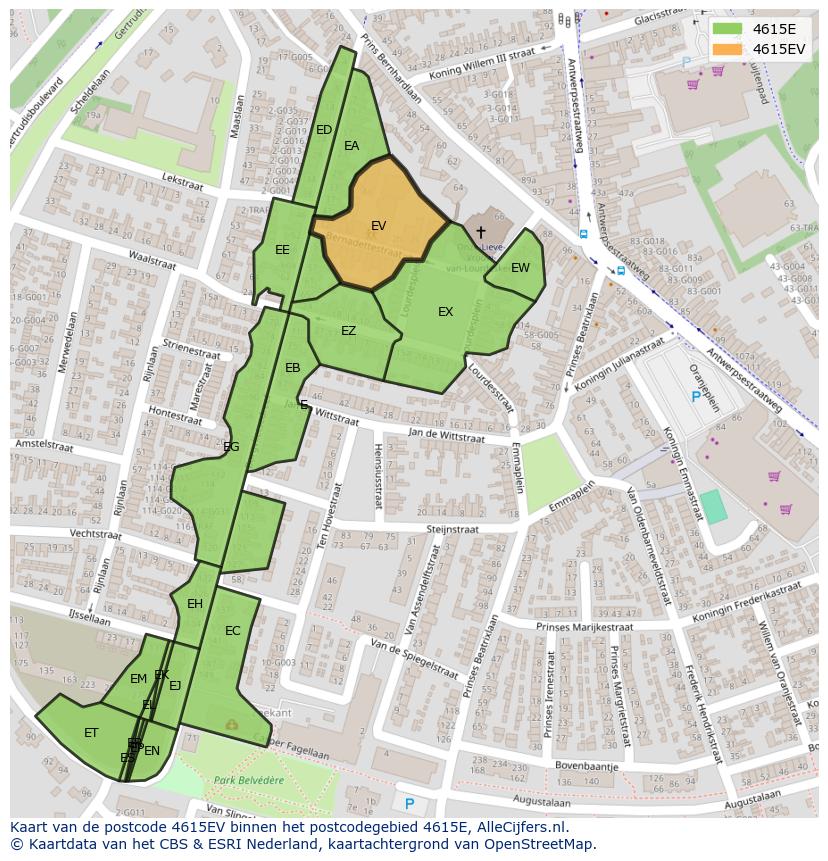 Afbeelding van het postcodegebied 4615 EV op de kaart.