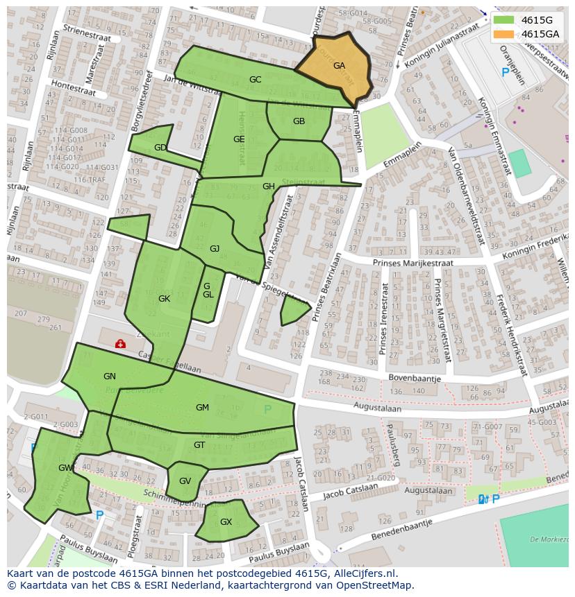 Afbeelding van het postcodegebied 4615 GA op de kaart.