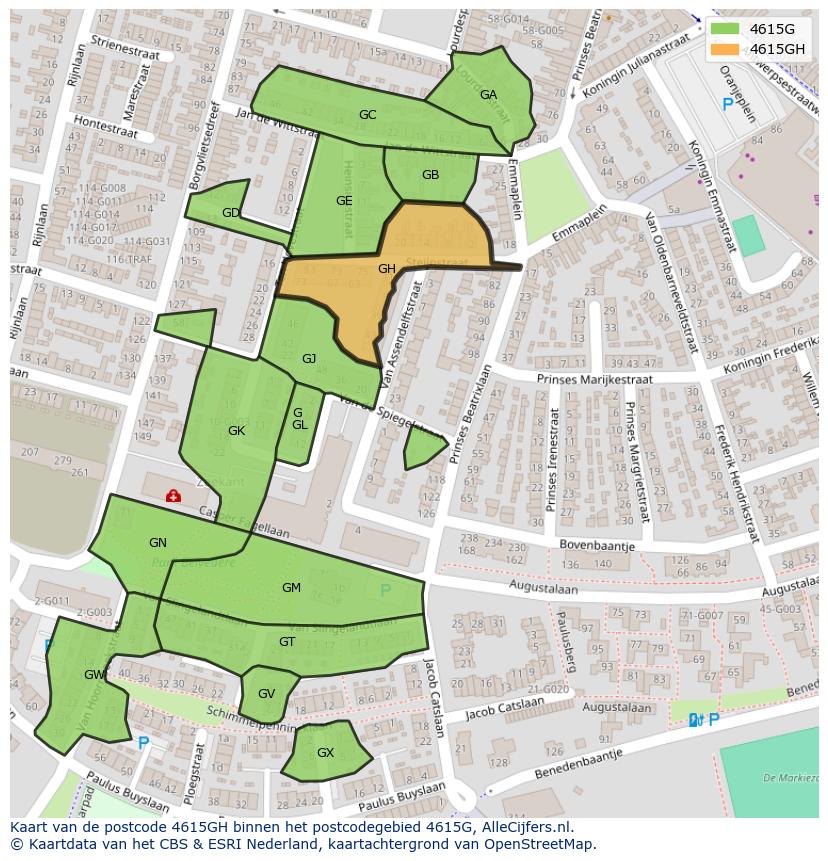 Afbeelding van het postcodegebied 4615 GH op de kaart.