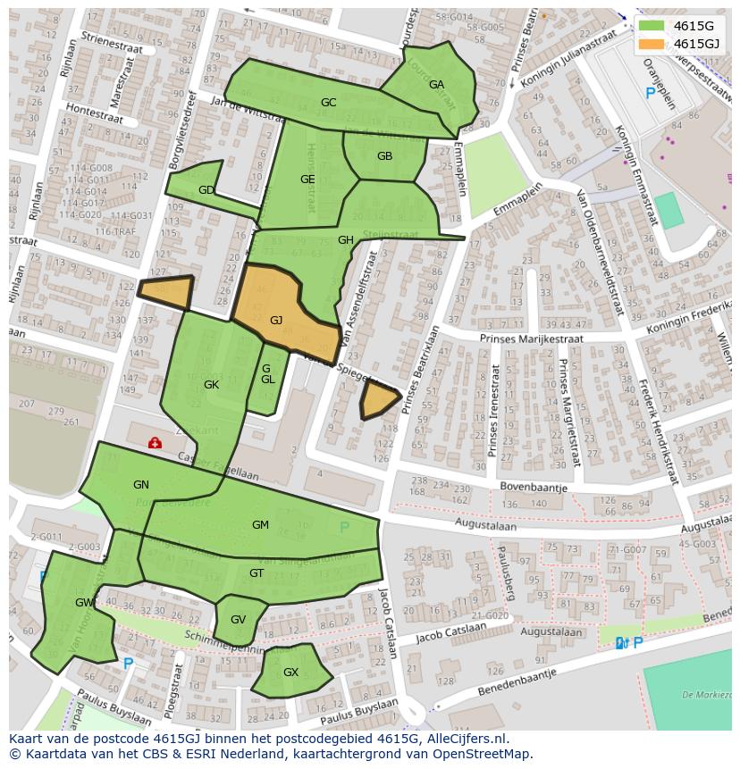 Afbeelding van het postcodegebied 4615 GJ op de kaart.