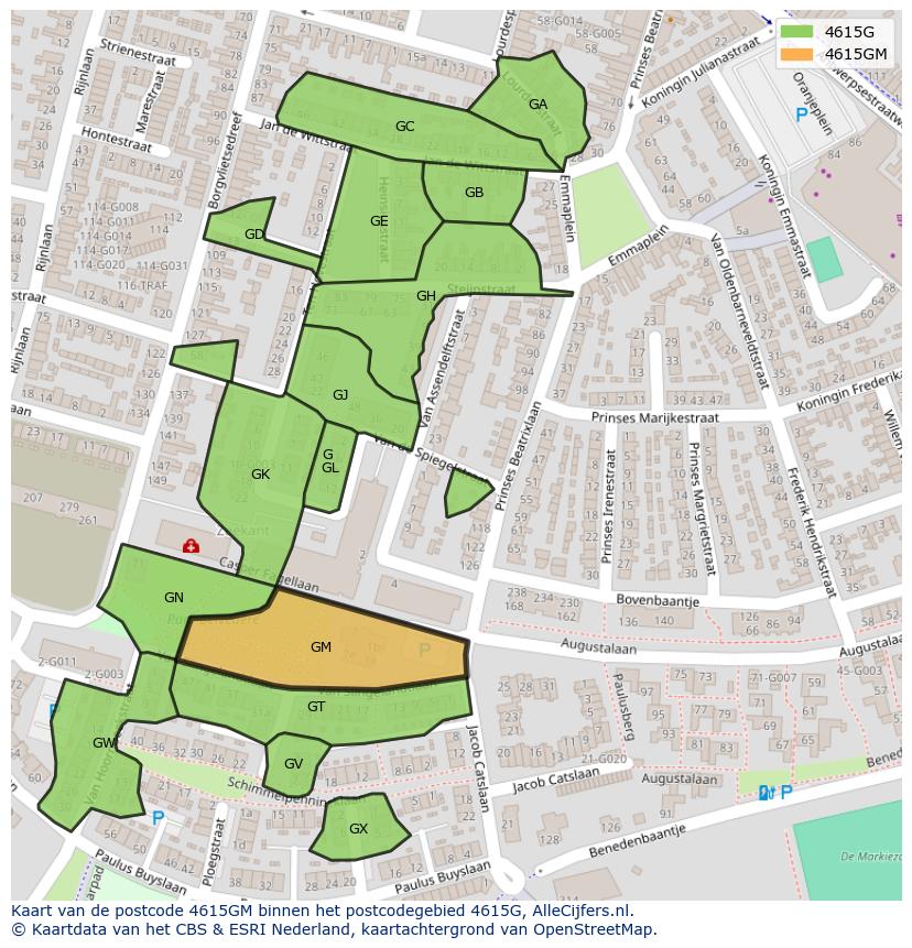 Afbeelding van het postcodegebied 4615 GM op de kaart.
