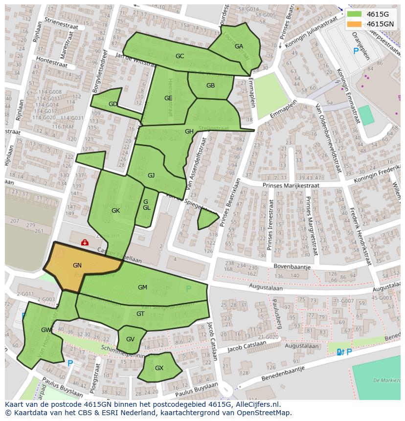 Afbeelding van het postcodegebied 4615 GN op de kaart.