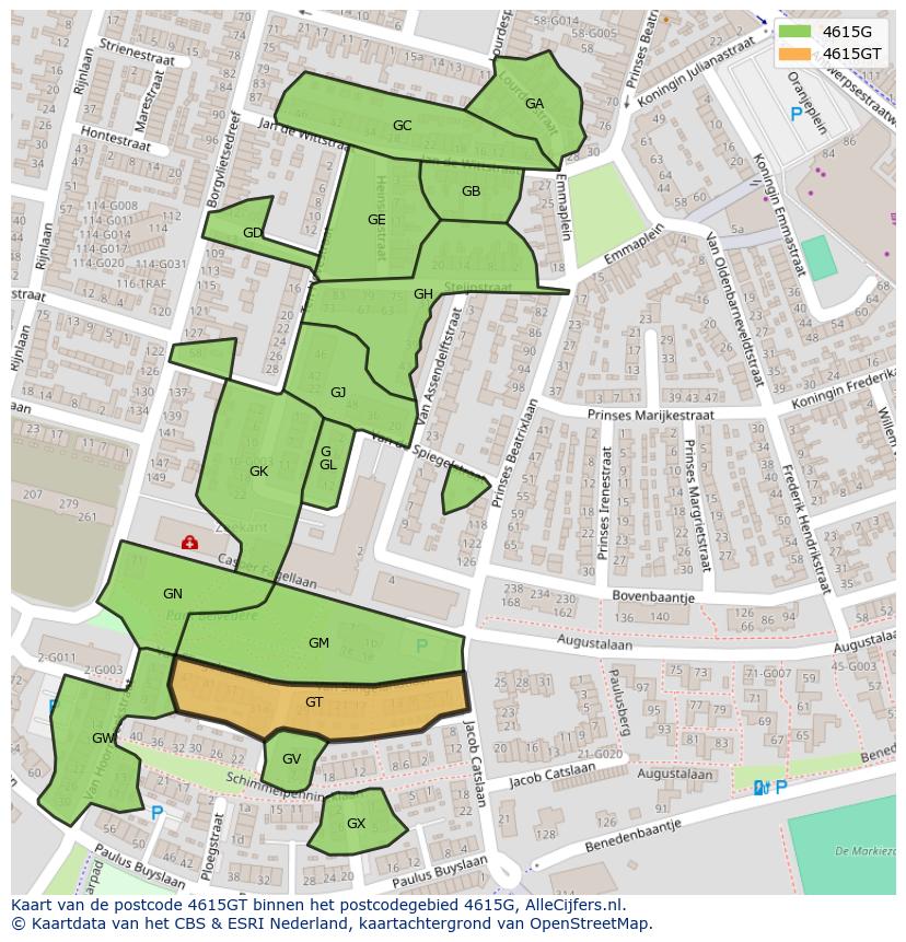 Afbeelding van het postcodegebied 4615 GT op de kaart.