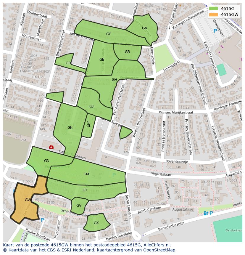 Afbeelding van het postcodegebied 4615 GW op de kaart.
