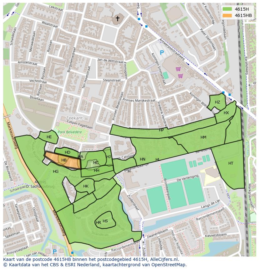 Afbeelding van het postcodegebied 4615 HB op de kaart.