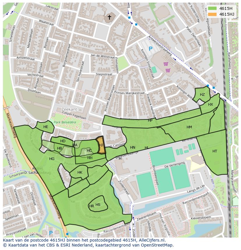 Afbeelding van het postcodegebied 4615 HJ op de kaart.