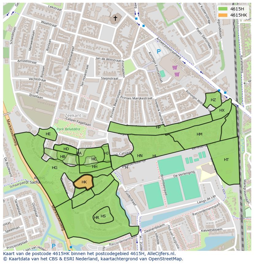 Afbeelding van het postcodegebied 4615 HK op de kaart.