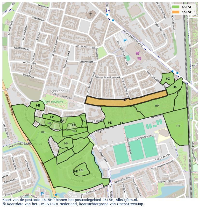 Afbeelding van het postcodegebied 4615 HP op de kaart.