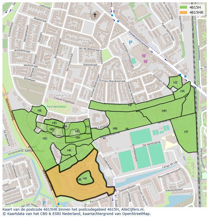Afbeelding van het postcodegebied 4615 HR op de kaart.