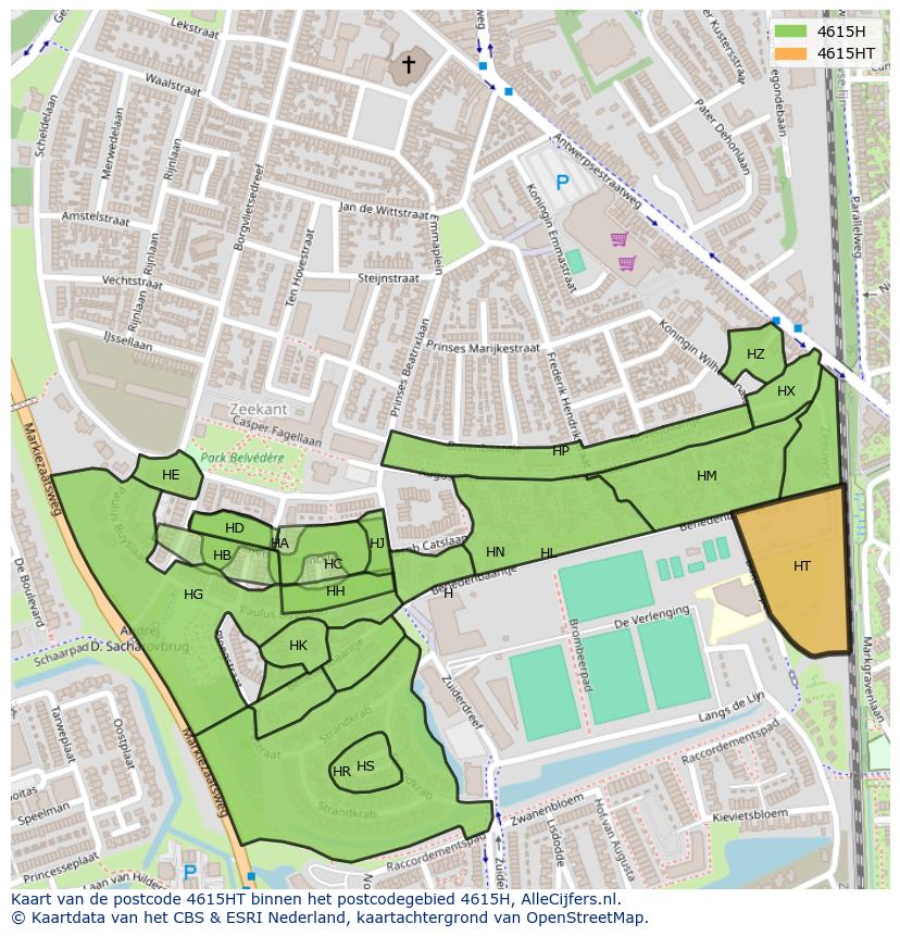 Afbeelding van het postcodegebied 4615 HT op de kaart.