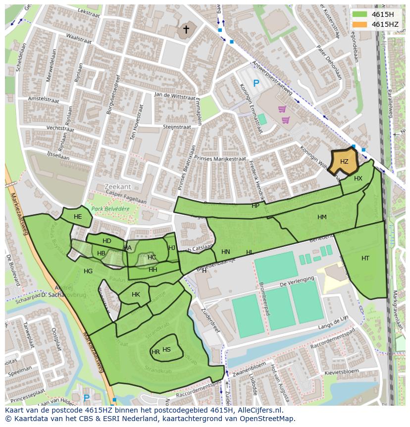 Afbeelding van het postcodegebied 4615 HZ op de kaart.
