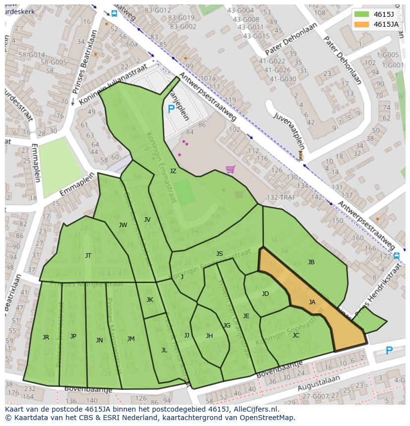 Afbeelding van het postcodegebied 4615 JA op de kaart.