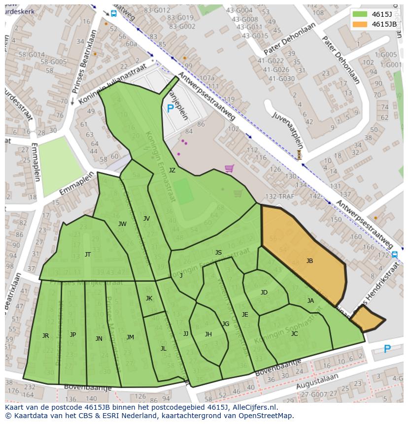 Afbeelding van het postcodegebied 4615 JB op de kaart.