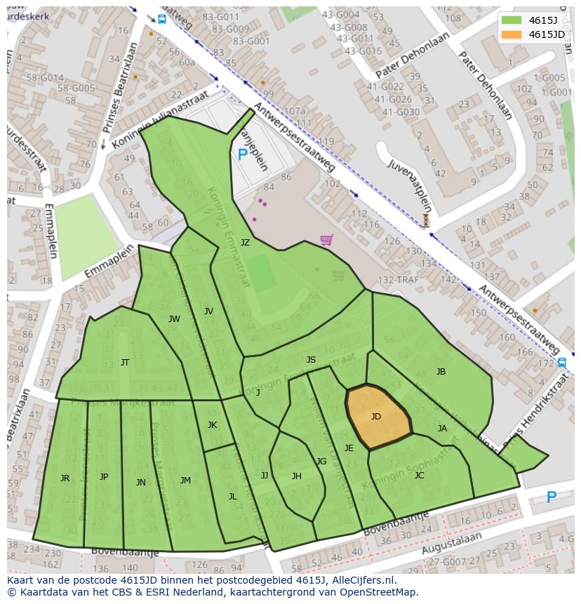 Afbeelding van het postcodegebied 4615 JD op de kaart.