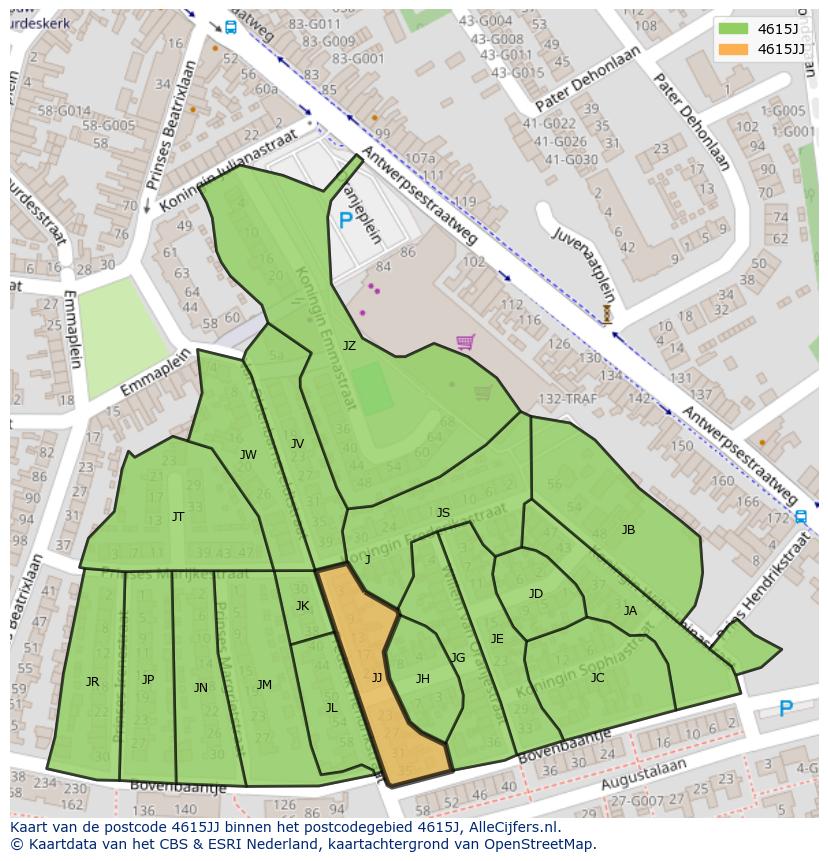 Afbeelding van het postcodegebied 4615 JJ op de kaart.