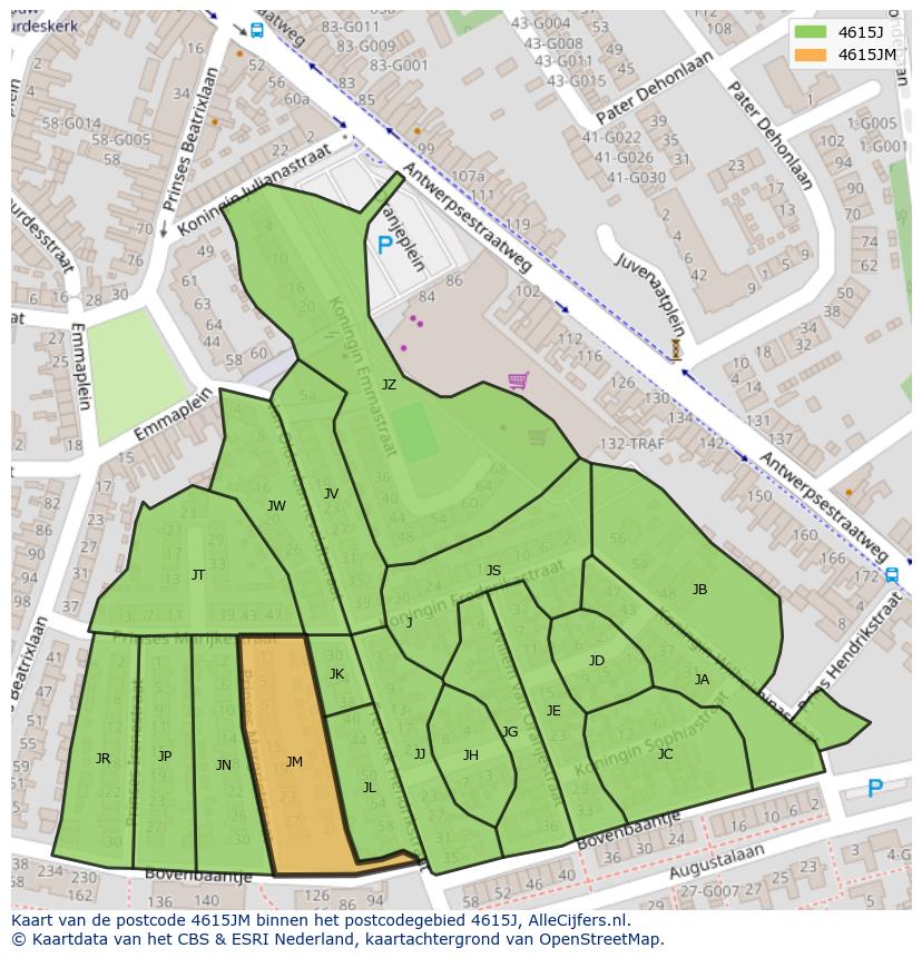 Afbeelding van het postcodegebied 4615 JM op de kaart.