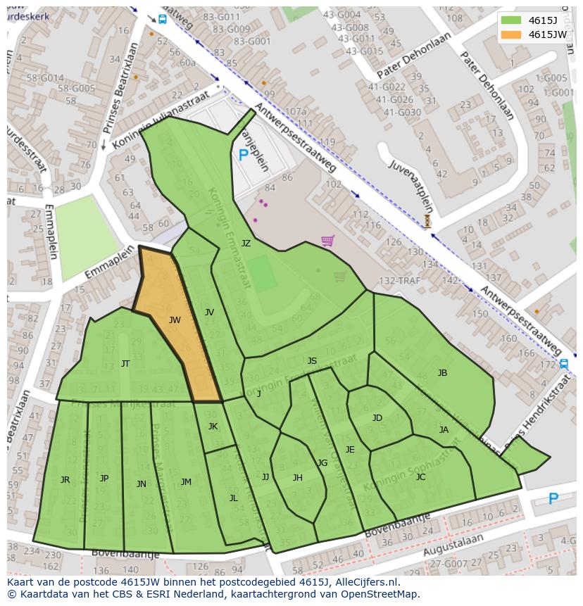 Afbeelding van het postcodegebied 4615 JW op de kaart.