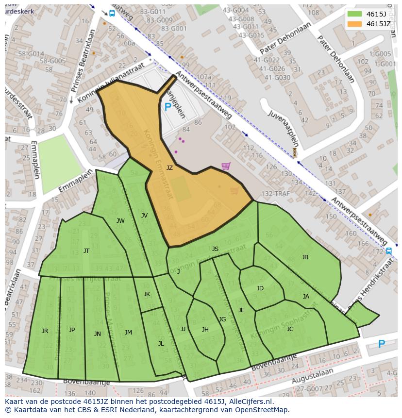 Afbeelding van het postcodegebied 4615 JZ op de kaart.