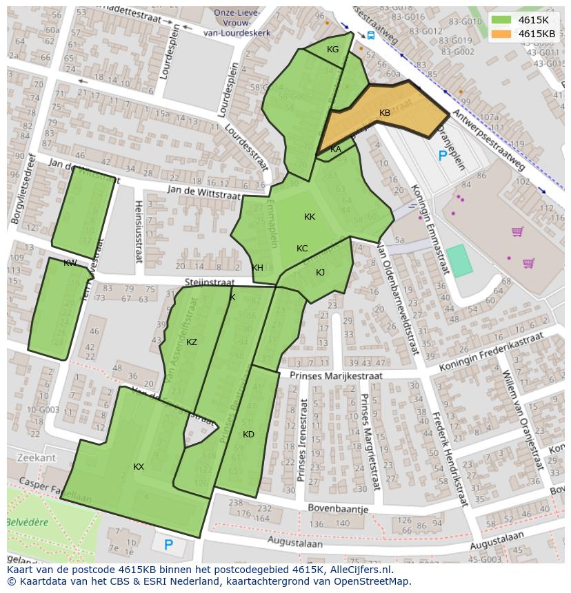 Afbeelding van het postcodegebied 4615 KB op de kaart.