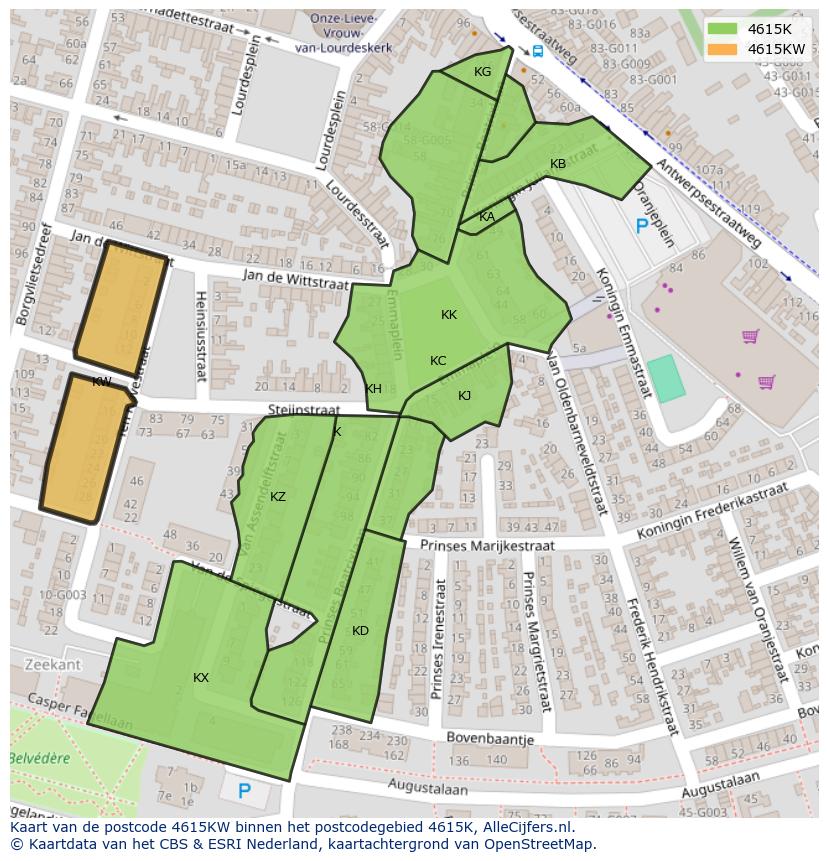 Afbeelding van het postcodegebied 4615 KW op de kaart.