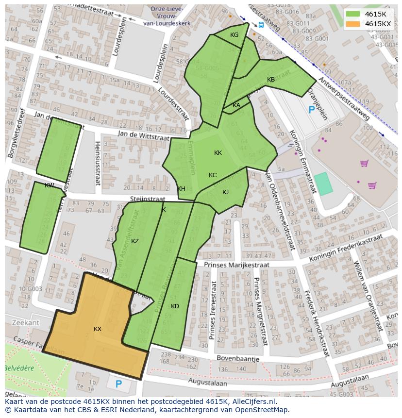Afbeelding van het postcodegebied 4615 KX op de kaart.
