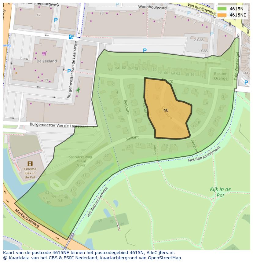 Afbeelding van het postcodegebied 4615 NE op de kaart.