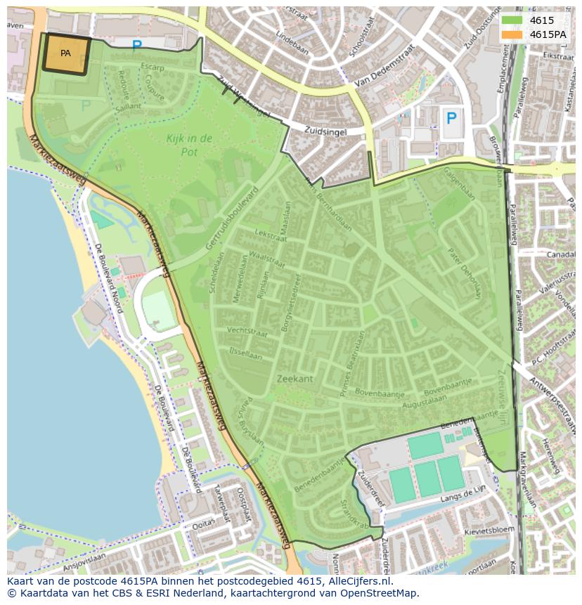Afbeelding van het postcodegebied 4615 PA op de kaart.