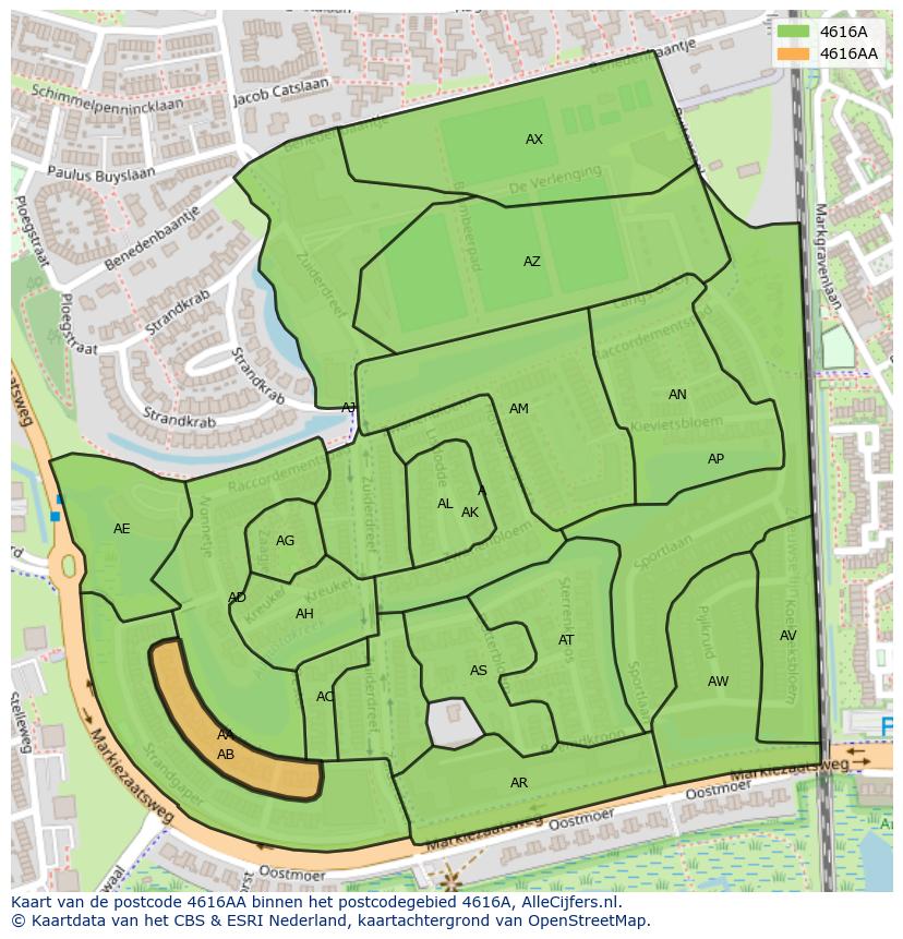 Afbeelding van het postcodegebied 4616 AA op de kaart.
