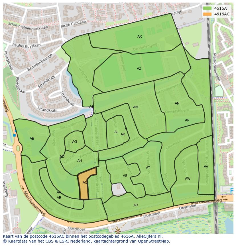 Afbeelding van het postcodegebied 4616 AC op de kaart.