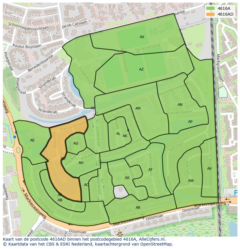 Afbeelding van het postcodegebied 4616 AD op de kaart.