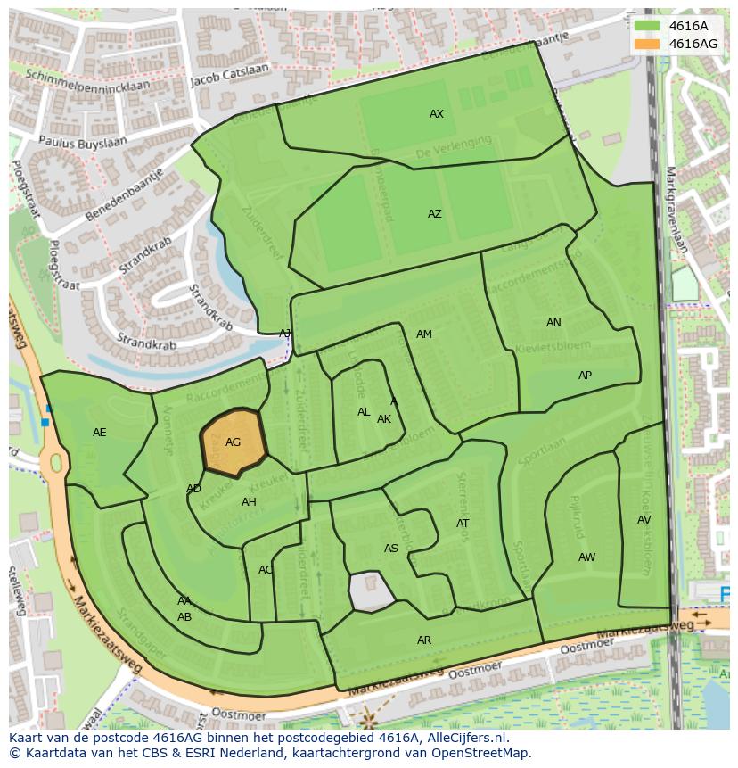 Afbeelding van het postcodegebied 4616 AG op de kaart.