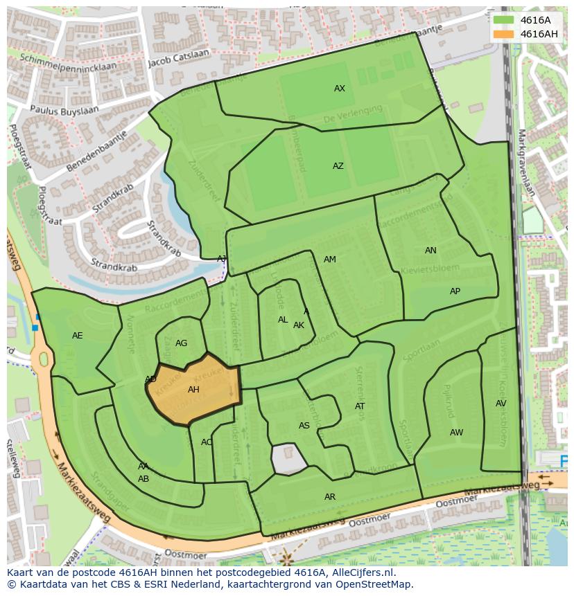 Afbeelding van het postcodegebied 4616 AH op de kaart.