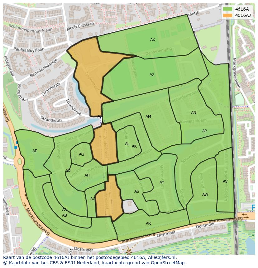 Afbeelding van het postcodegebied 4616 AJ op de kaart.