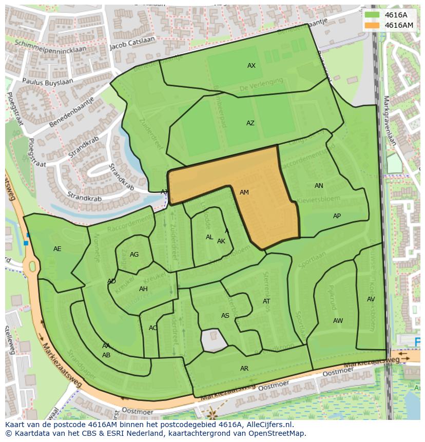 Afbeelding van het postcodegebied 4616 AM op de kaart.