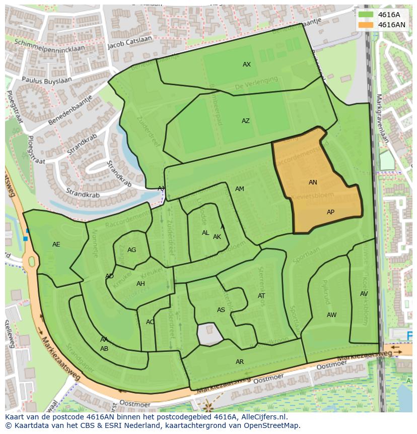 Afbeelding van het postcodegebied 4616 AN op de kaart.