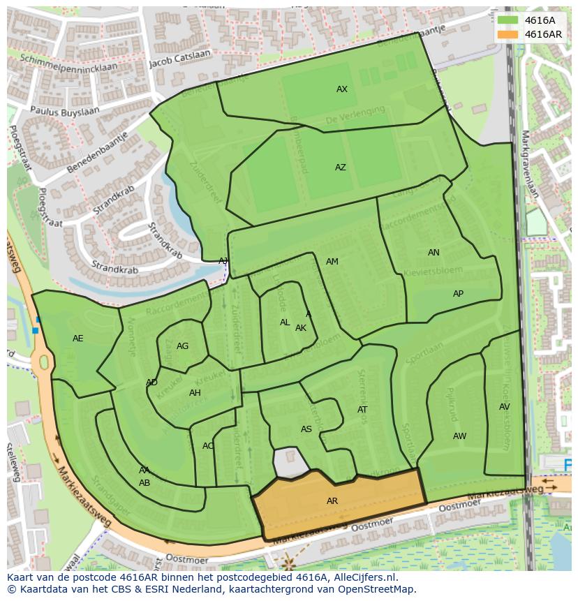 Afbeelding van het postcodegebied 4616 AR op de kaart.