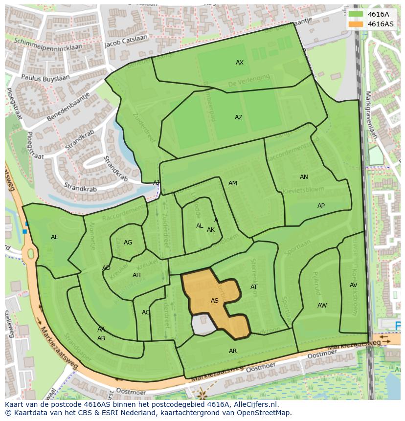 Afbeelding van het postcodegebied 4616 AS op de kaart.