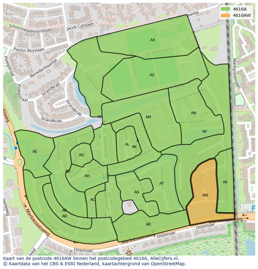 Afbeelding van het postcodegebied 4616 AW op de kaart.
